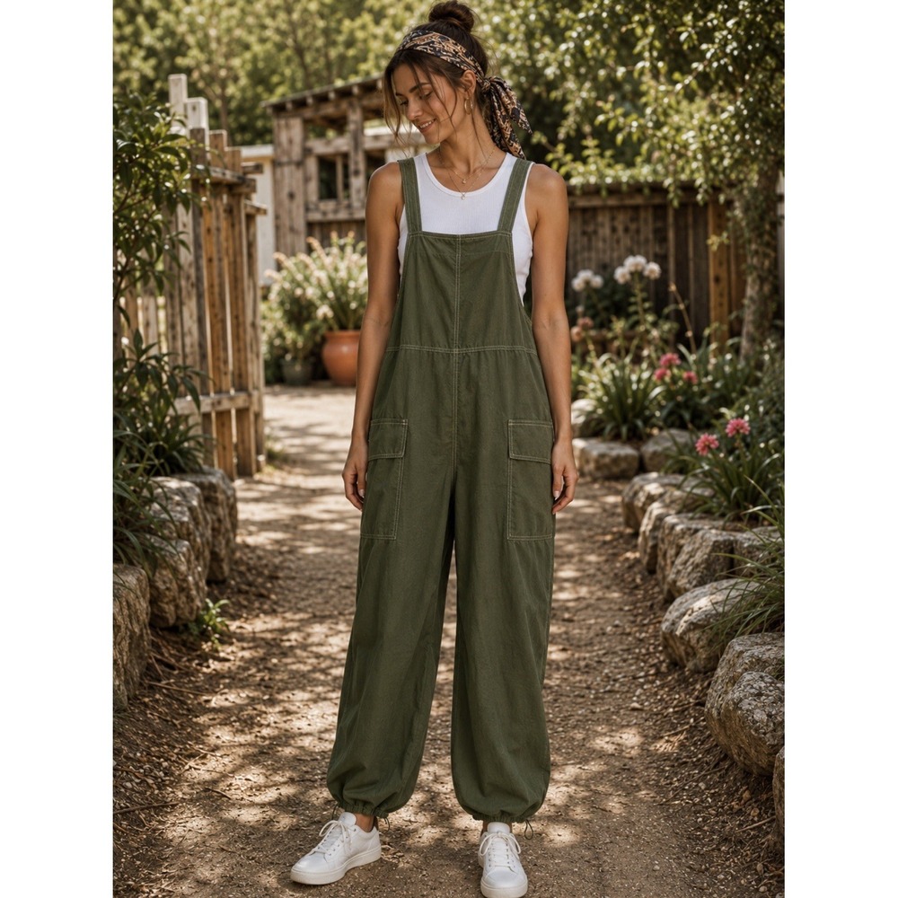 Almost Famous Green Lightweight Poplin Overall Size XL Boho Artsy Hippie
